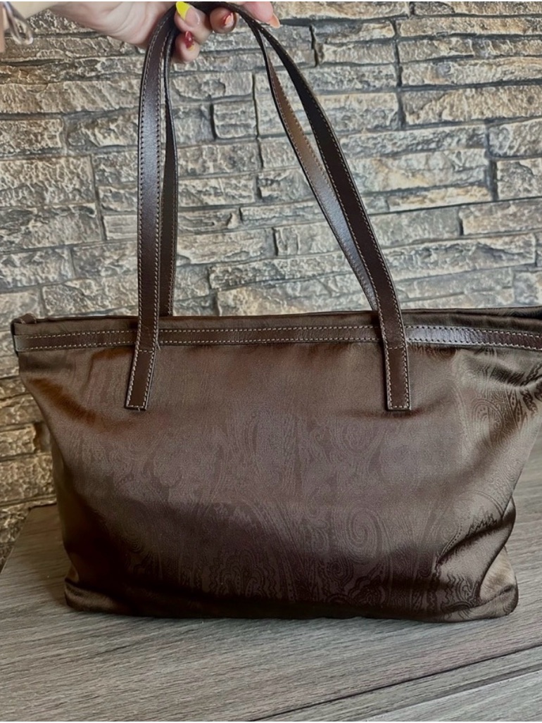 Etro Vintage Brown Paisley Nylon Jacquard Shoulder Tote Bag